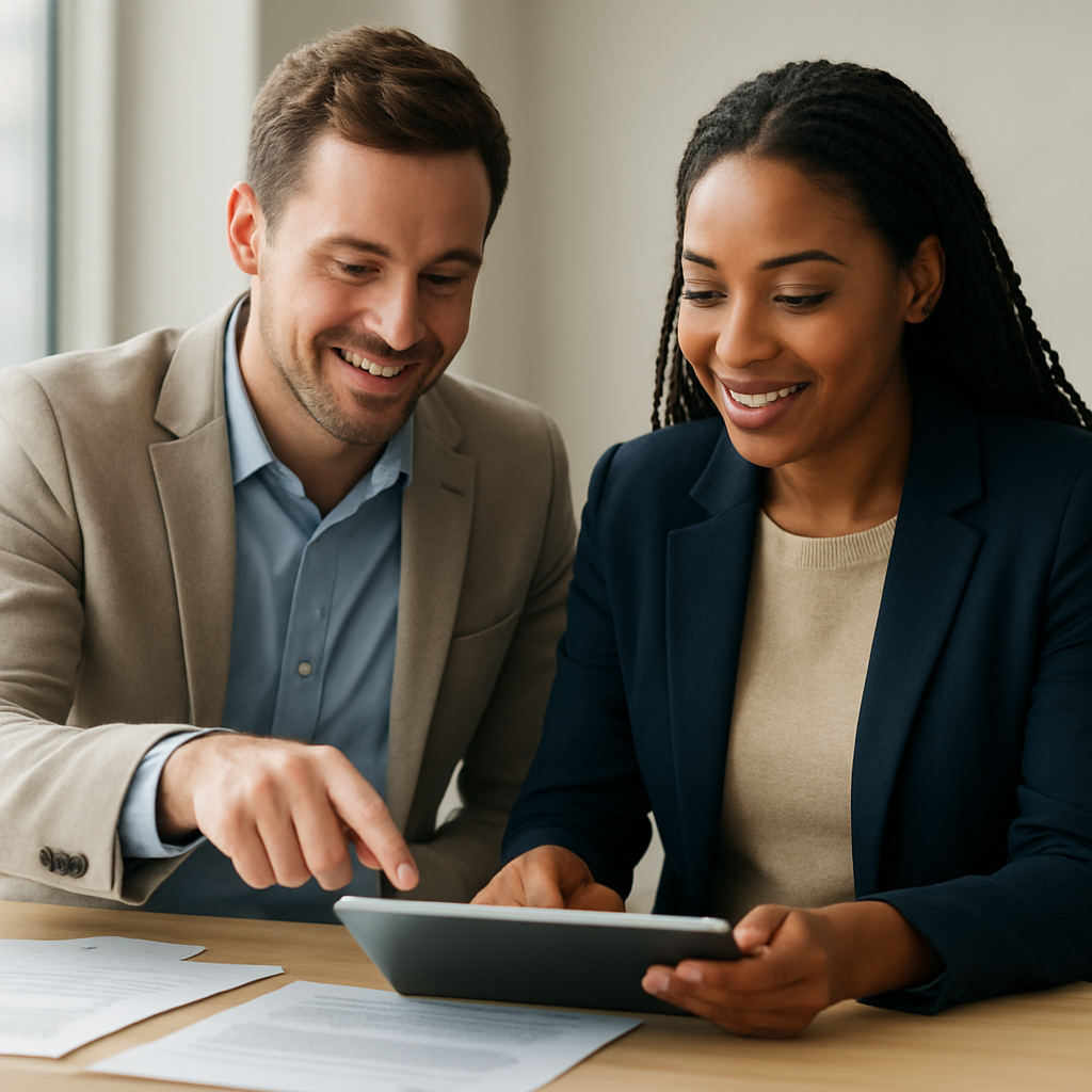 Two Finevo advisors reviewing a client's mortgage referral together