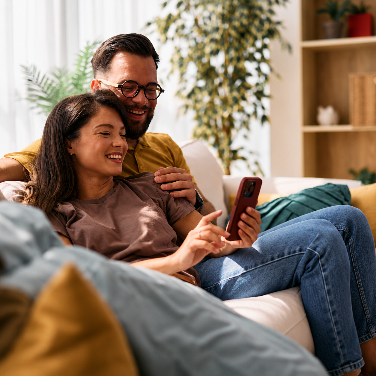 A smiling couple relaxing on their couch at home, reviewing their mortgage on a phone together.