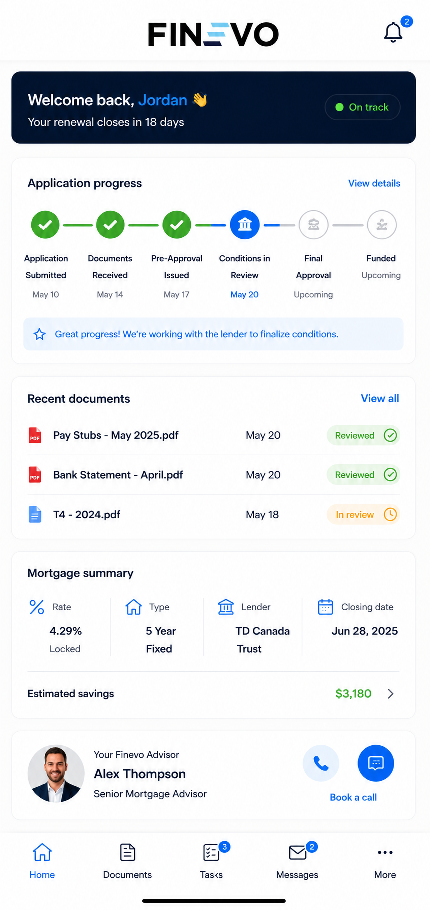 The Finevo borrower workspace mobile app showing application progress, recent documents, mortgage summary, and your advisor.